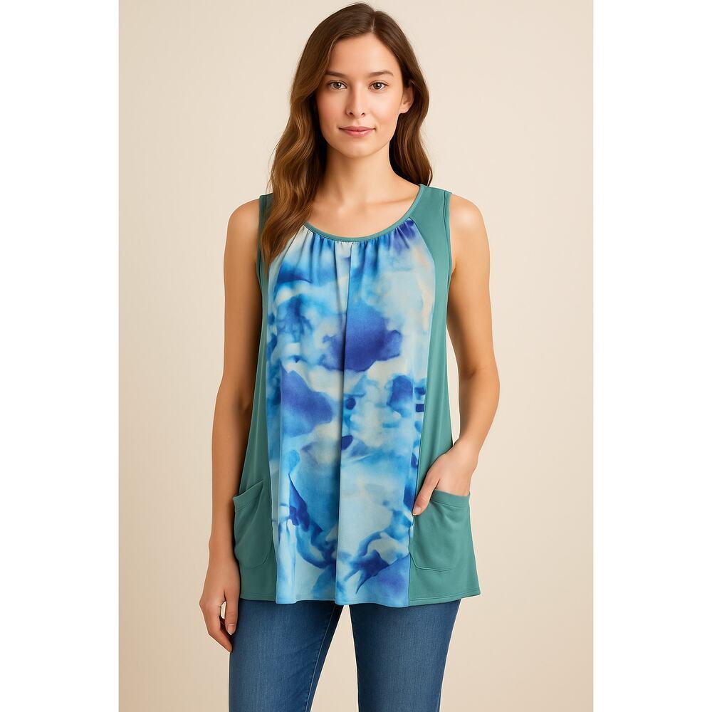 Logo M slouchy pocket mixed media water color tunic tank career casual EUC